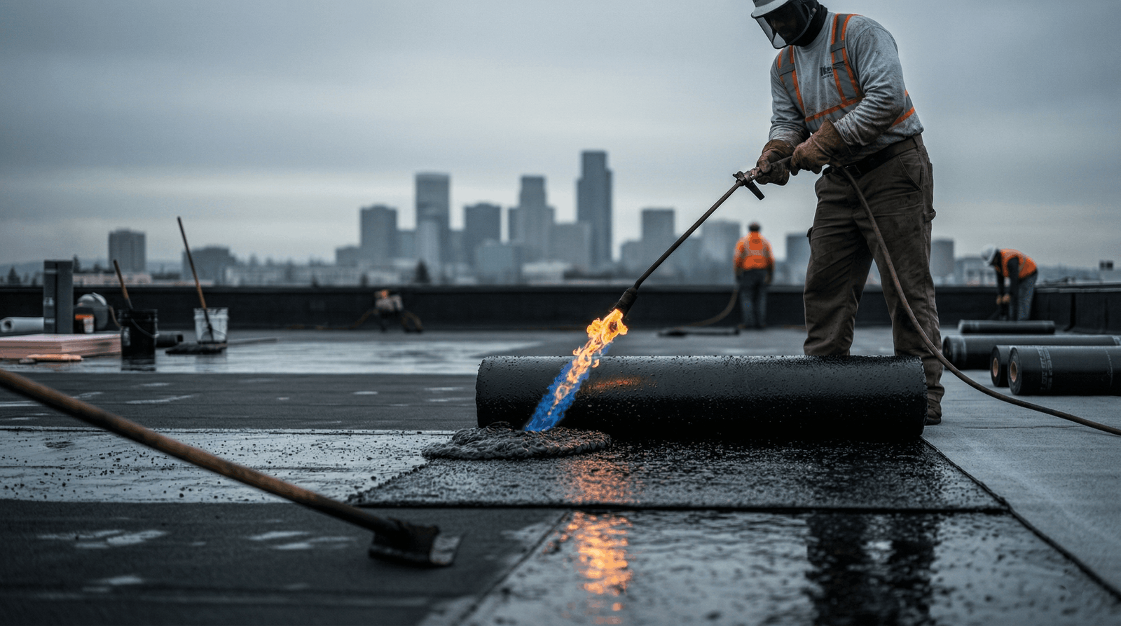 Redmond roofing contractor working on commercial roof installation overlooking King County skyline
